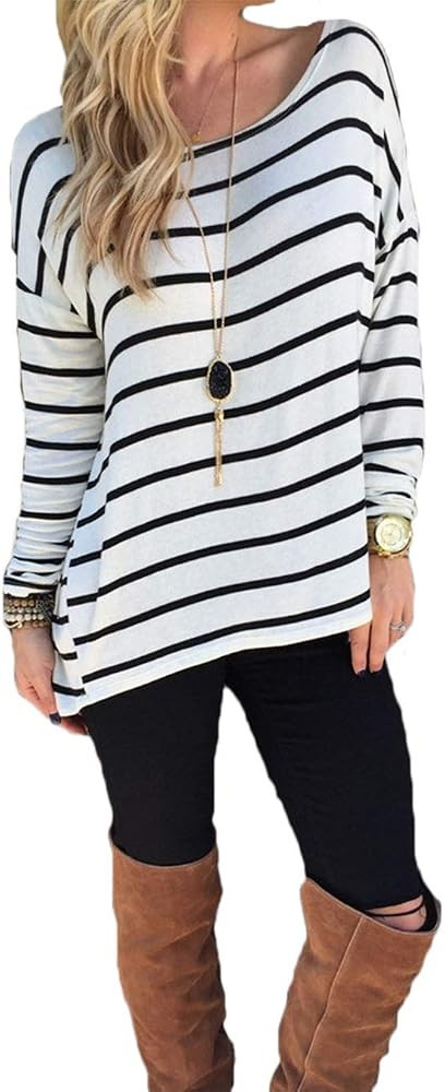 Women's Black and White Striped T Shirt Long Sleeve Tunic Tops for Leggings | Amazon (US)