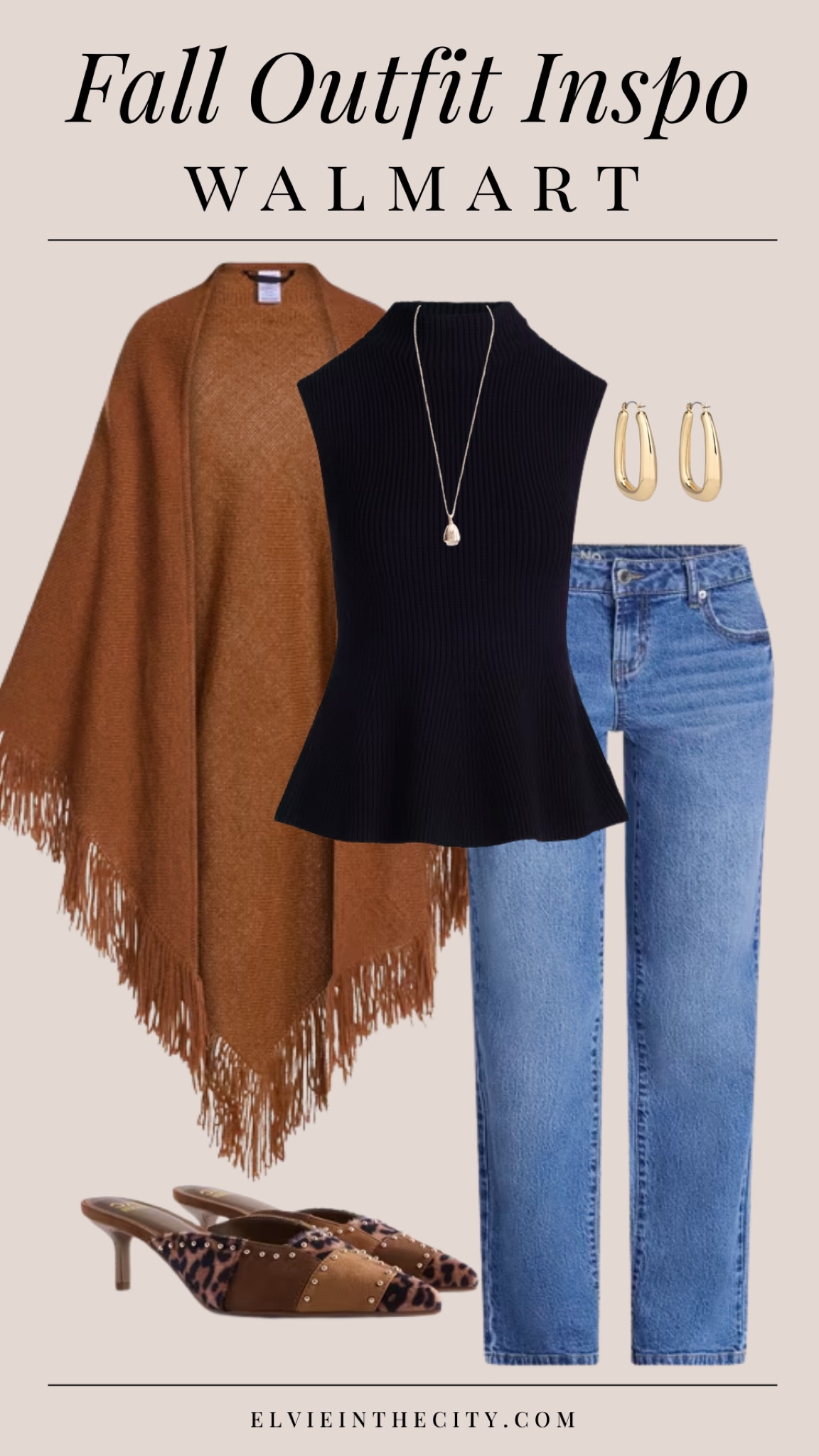 Fall outfit inspo from Walmart includes a black sleeveless peplum top paired with straight leg jeans, a brown shawl, gold earrings, a gold necklace, and studded mule heels.

Ootd, walmart fashion, affordable fashion, fashion over 40, over 50 style 

#LTKootd #LTKOver40