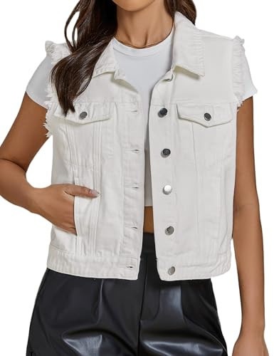 luvamia Denim Vest for Women Button Down Distressed Frayed Vests Top Western Casual Sleeveless Jean Jacket with Pockets Cute Country Concert Outfits Cream White Size Large Fits Us 12-14 | Amazon (US)