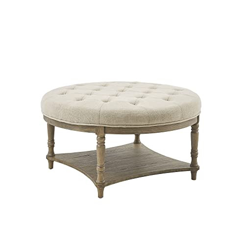 Martha Stewart Cedric Cocktail Ottoman-Round Button Tufted, Upholstered Coffee Table with Shelf f... | Amazon (US)