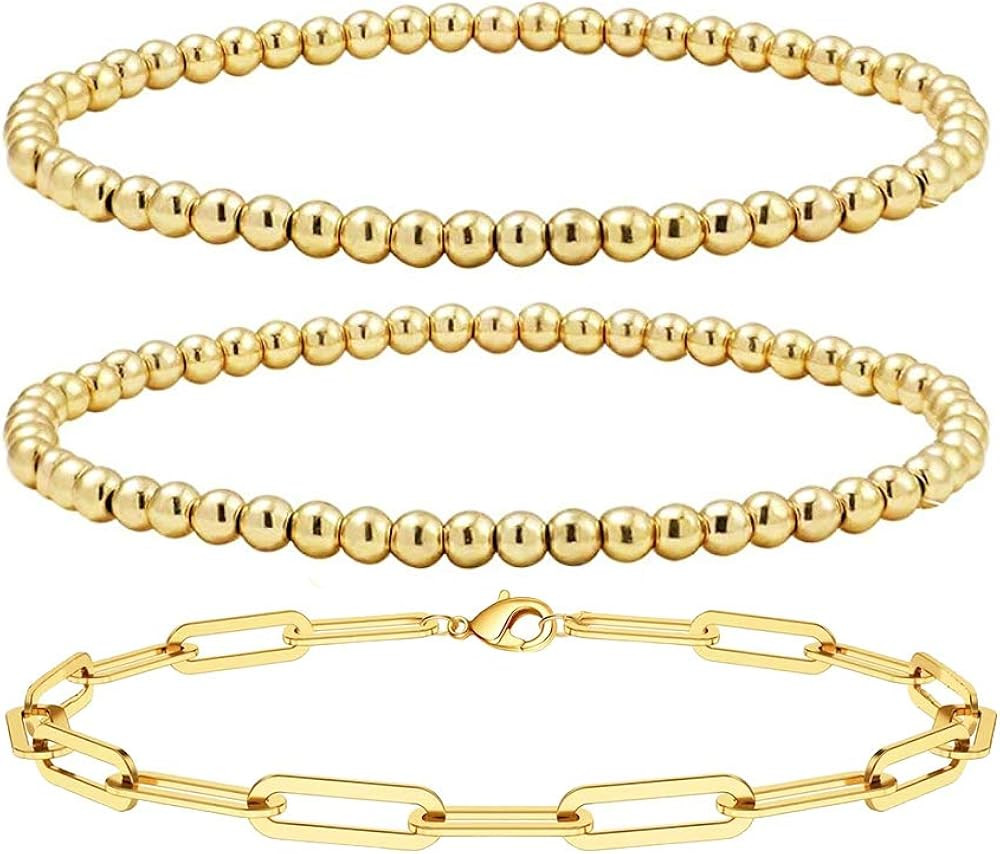 Reoxvo Gold Beaded Chain Bracelets Set for Women 14K Real Gold Plated Dainty Thin Gold Chain Link... | Amazon (US)