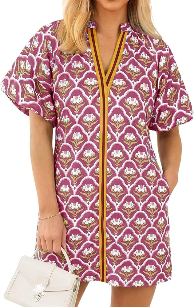 Wenrine Womens Summer Dresses Casual Floral Puff Sleeve V Neck Boho Loose Beach Mini Dress with P... | Amazon (US)