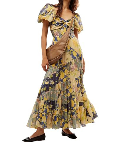 ABYOVRT Women Floral Maxi Dress Short Puff Sleeve V Neck Bohemian Flowy Dress Smocked Casual Spring Summer Dresses (Beige,L) | Amazon (US)