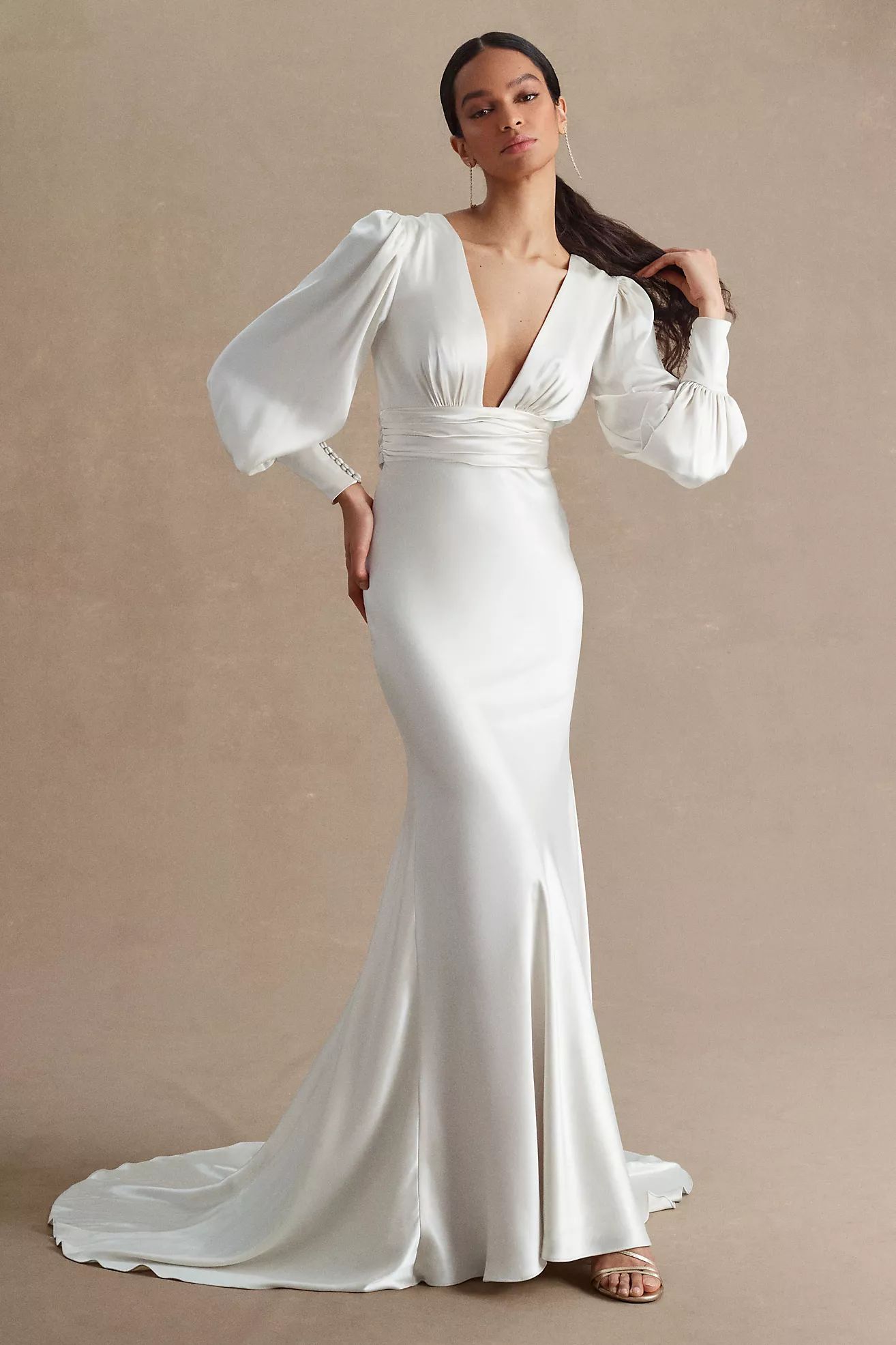 Watters Clara Plunge V-Neckline Puff-Sleeve Bias-Cut Charmeuse Wedding Gown | Anthropologie (US)