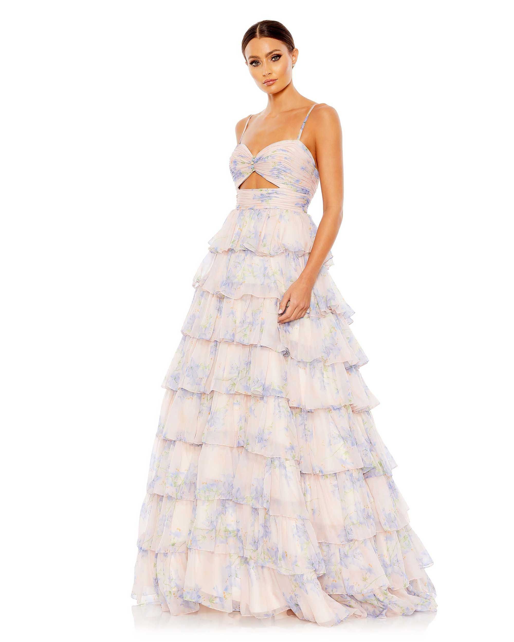 Floral Cut Out Ruffle Layered Gown | Mac Duggal