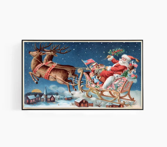 Christmas Frame TV Art File,  Santa's Sleigh, Reindeer, Vintage Christmas Card, Merry Christmas, ... | Etsy (US)