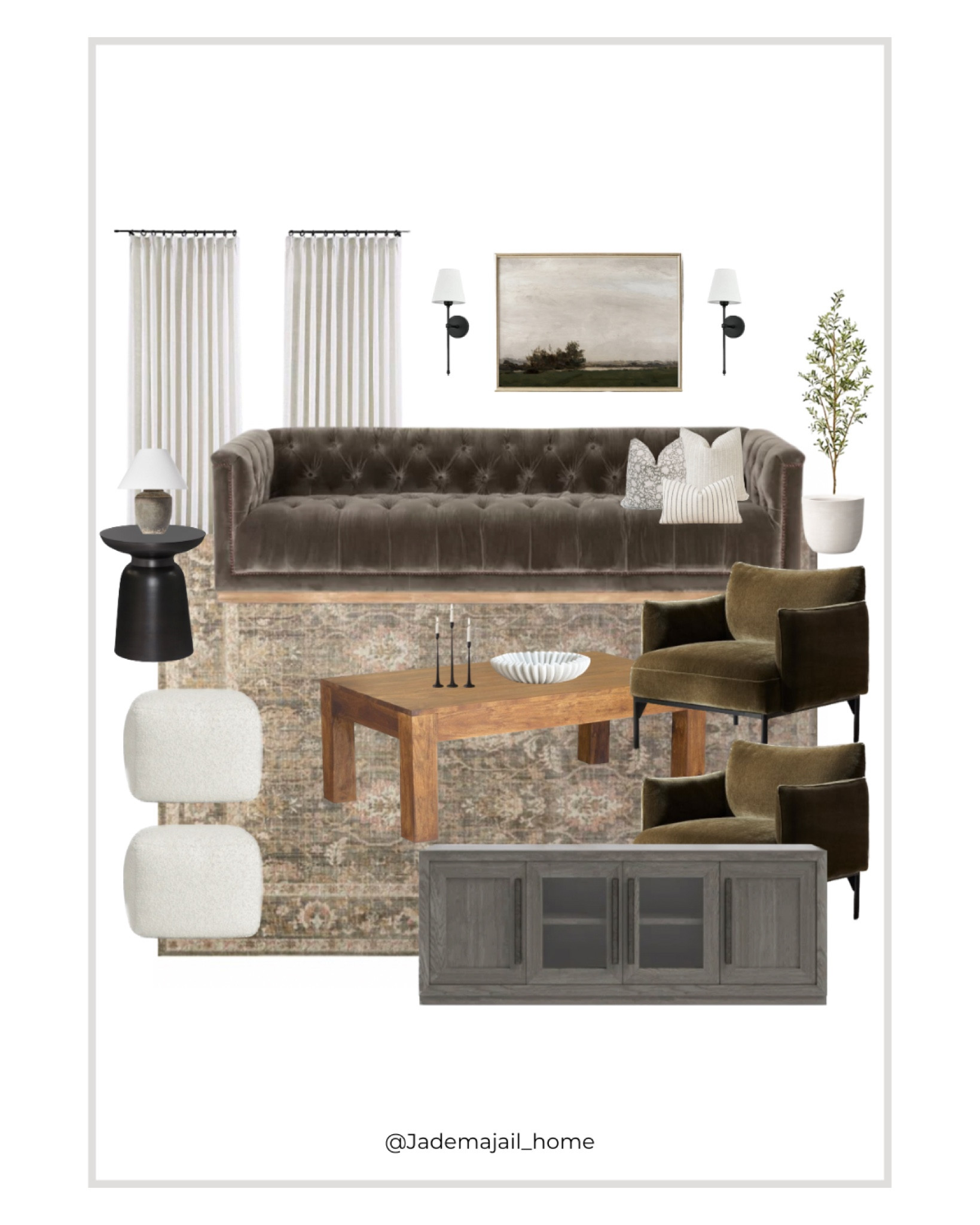 Dreamy living room design 😍 

Mood board, design board, rug, console table, tv stand, accent chair, sitting room, ottoman, side table, table lamp, artificial tree, table decor, couch, sofa, pillows, wall decor, wall art, curtains
