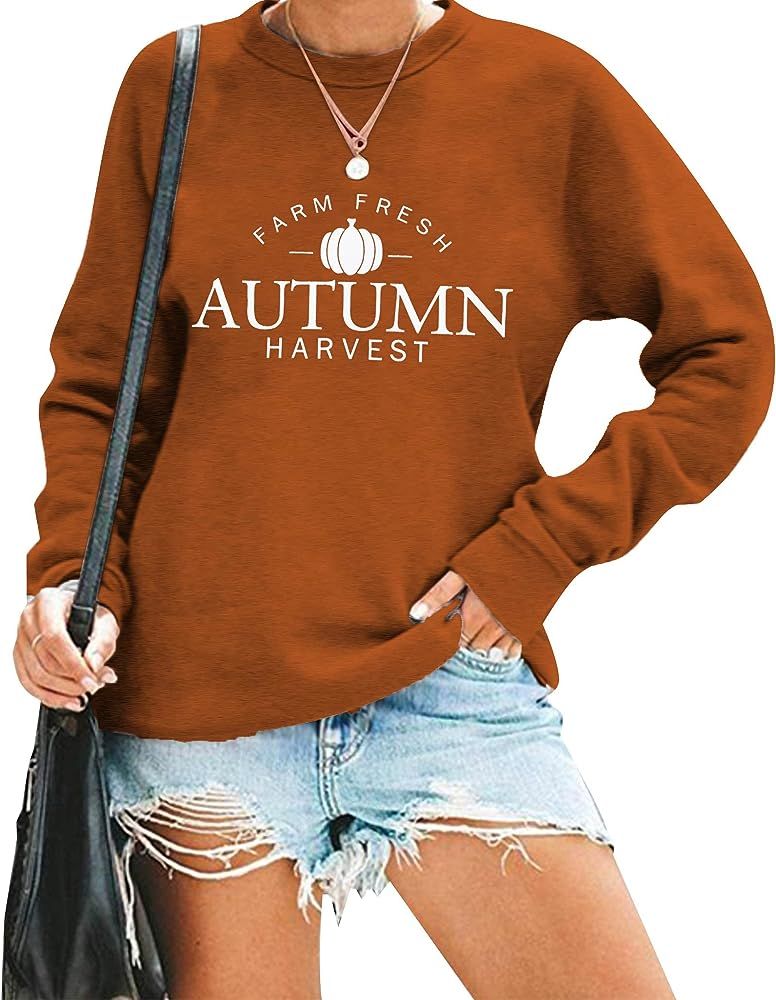 TAOHONG Fall Sweatshirt for Women Farm Fresh Autumn Harvest Sweatshirt Funny Pumpkin Long Sleeve ... | Amazon (US)