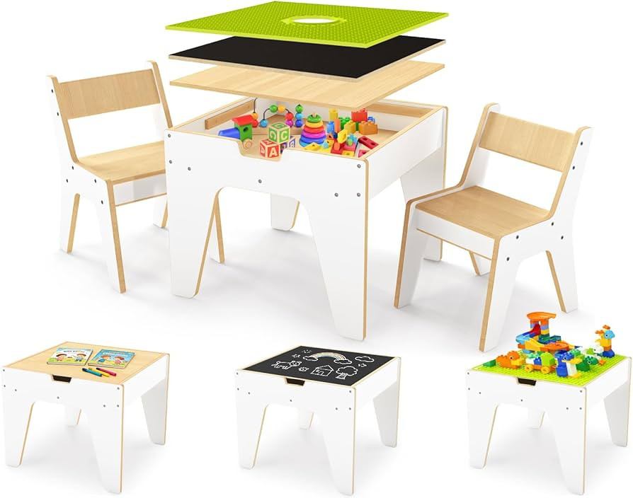 wingyz 4-in-1 Wooden Toddler Activity Table and 2 Chairs, Ages 2-12 & 4-8 Building Blocks Constru... | Amazon (US)