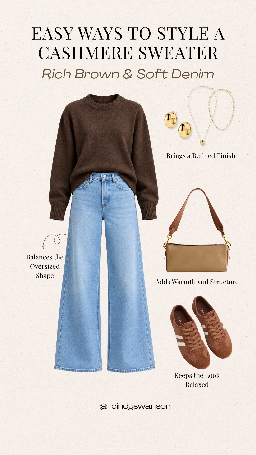 A rich brown cashmere sweater and soft blue wide-leg jeans make such an easy everyday pairing. I love how the warm brown accessories keep the relaxed denim feeling polished while adding a little structure to the look.

#LTKootd #LTKOver40 #LTKSeasonal