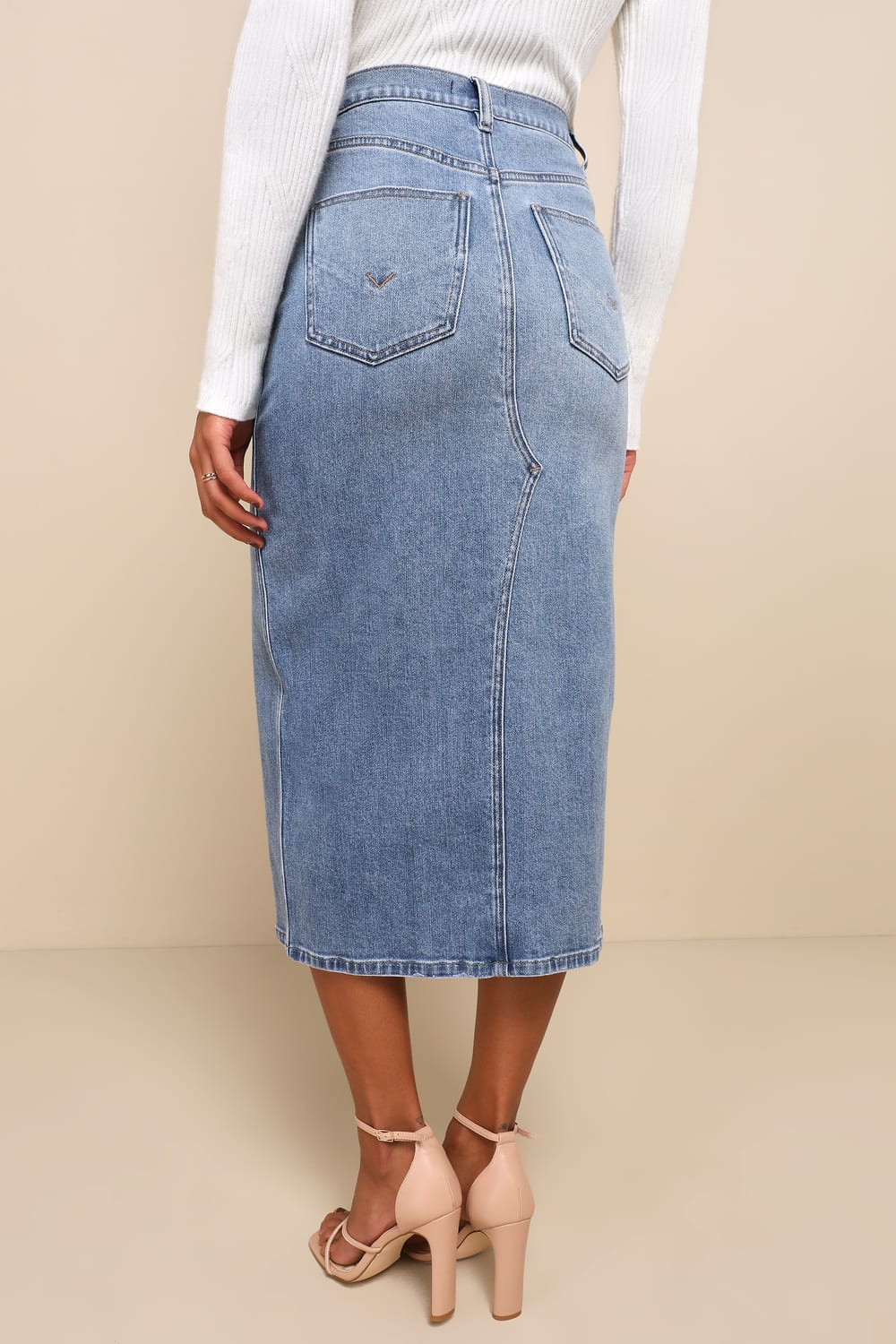 Uniquely Trendsetting Medium Wash High Rise Denim Midi Skirt | Lulus