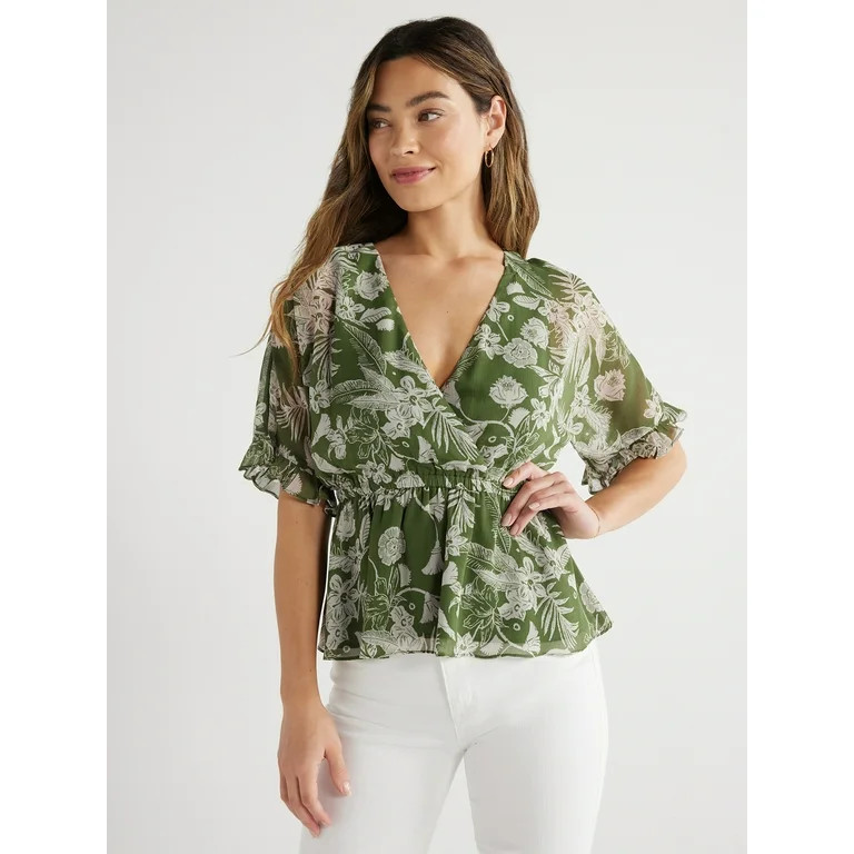 Sofia Jeans Women's Faux Wrap Peplum Top with Short Sleeves, Sizes XS-XXXL | Walmart (US)
