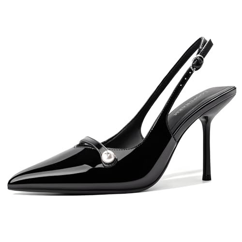 LOOPCHARM Women's Slingback Heels Closed Toe Pointed Stiletto High Heel Pumps Elegant Dress Shoes for Wedding Party Bride with Pearl,Black Pu,9 | Amazon (US)