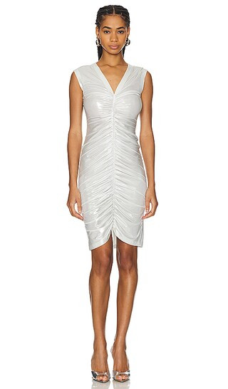 Sleeveless Deep V Neck Shirred Front Dress To Knee in Pearl | Revolve Clothing (Global)