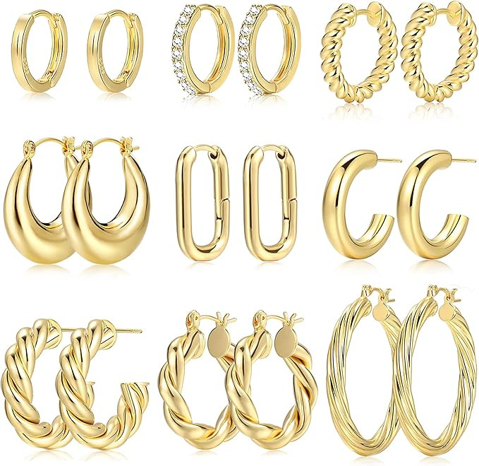9 Pairs Gold Hoop Earrings for Women, 14K Gold Plated Lightweight Chunky Twisted Hoop Earrings Se... | Amazon (CA)