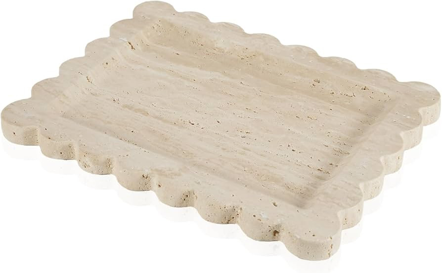 Luxury Beige Travertine Tray with Scalloped Edge, 11"x8" Rectangle Vanity Tray for Bathroom & Kit... | Amazon (US)