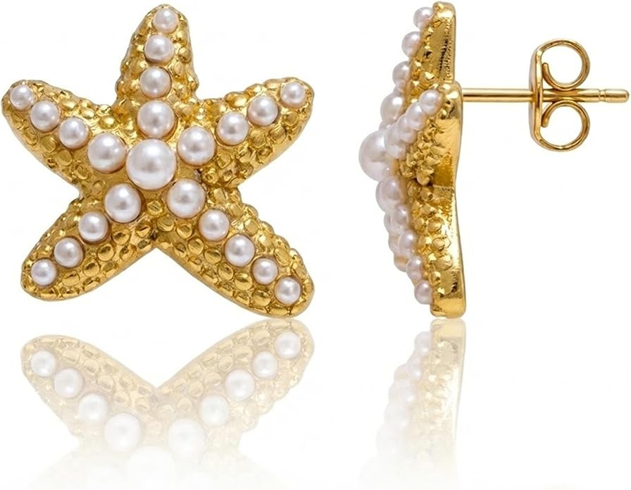 Gold Pearl Earrings for Women: Statement Starfish/Flower Stud 18K Gold Plated Waterproof Lightwei... | Amazon (US)