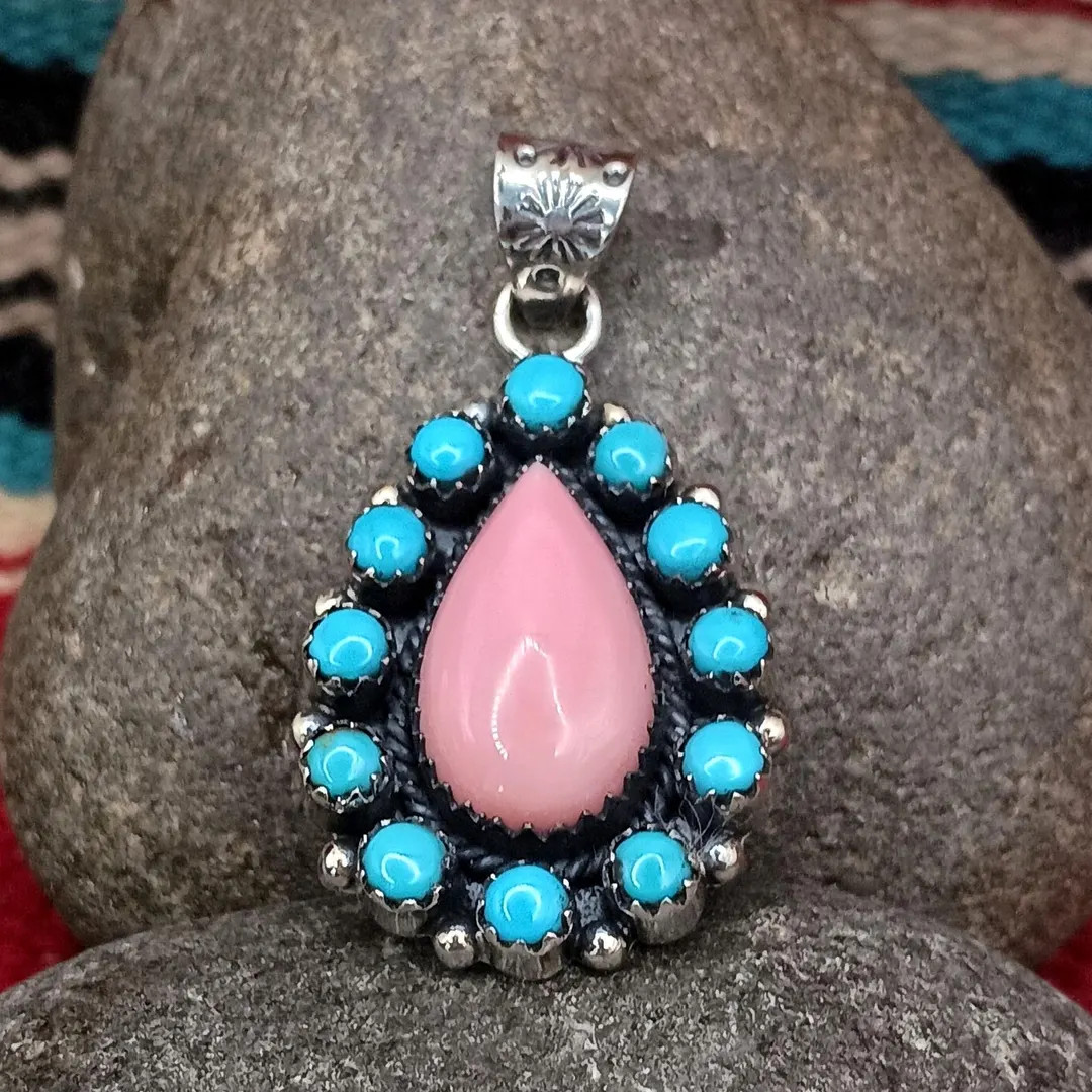 Native Southwest Sterling Silver Pink Conch Shell Turquoise Cluster Pendant - Etsy | Etsy (US)