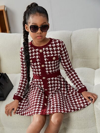 SHEIN Girls Houndstooth Print Button Front Dress SKU: sk2206071277753153(500+ Reviews)$7.49$10.00... | SHEIN