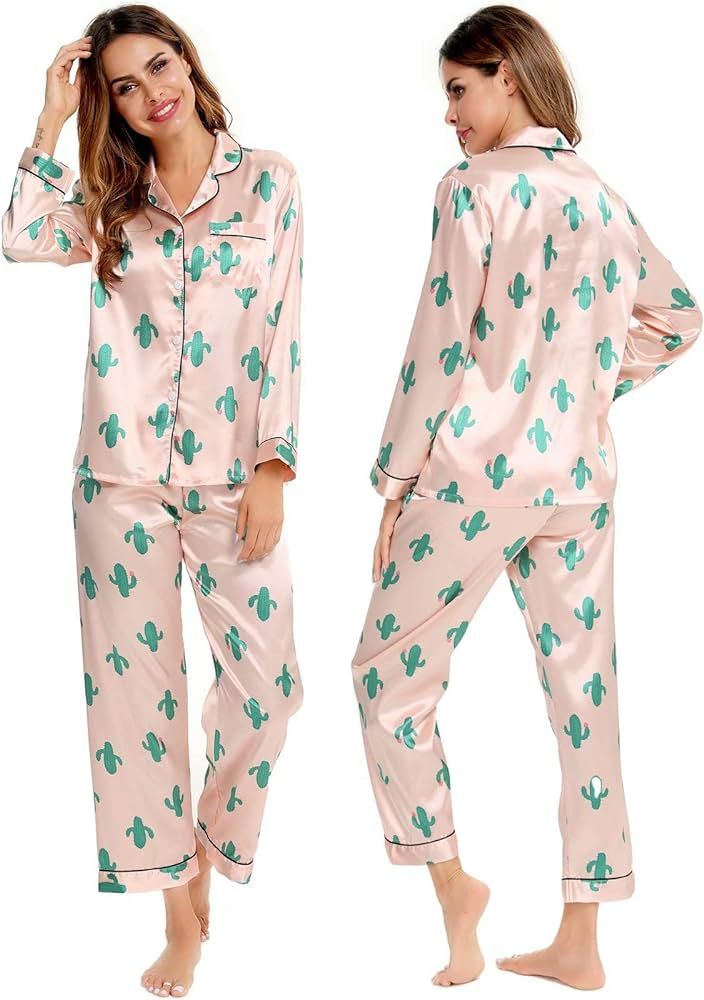SWOMOG Womens Silk Satin Pajamas Loungewear Two-piece Sleepwear Button-Down Pj Set | Amazon (US)