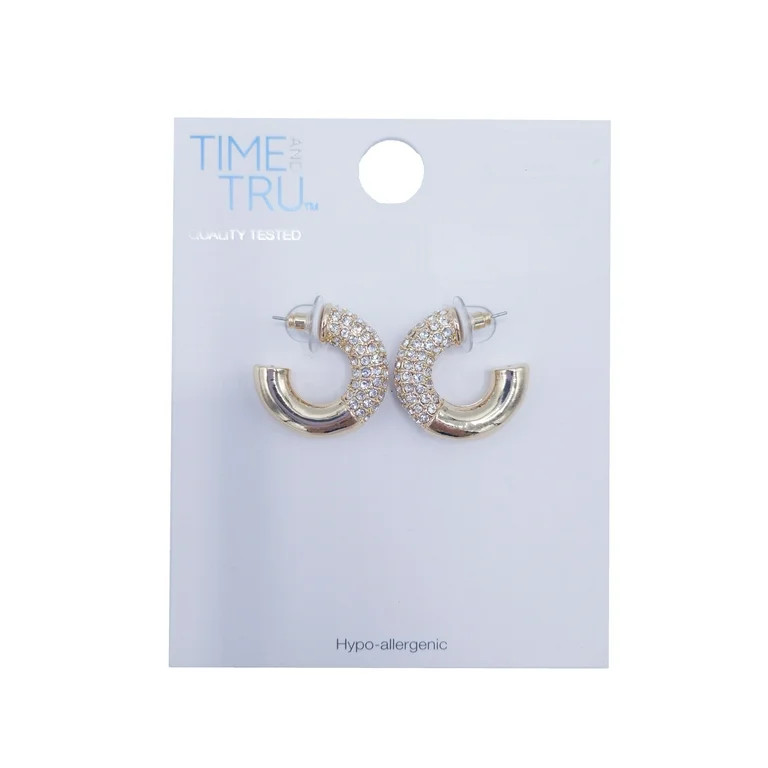 Time & Tru Ladies Rhinestone Hoop Earring, Gold Metal Earring, Hoop Style, Half Earring in Clear ... | Walmart (US)