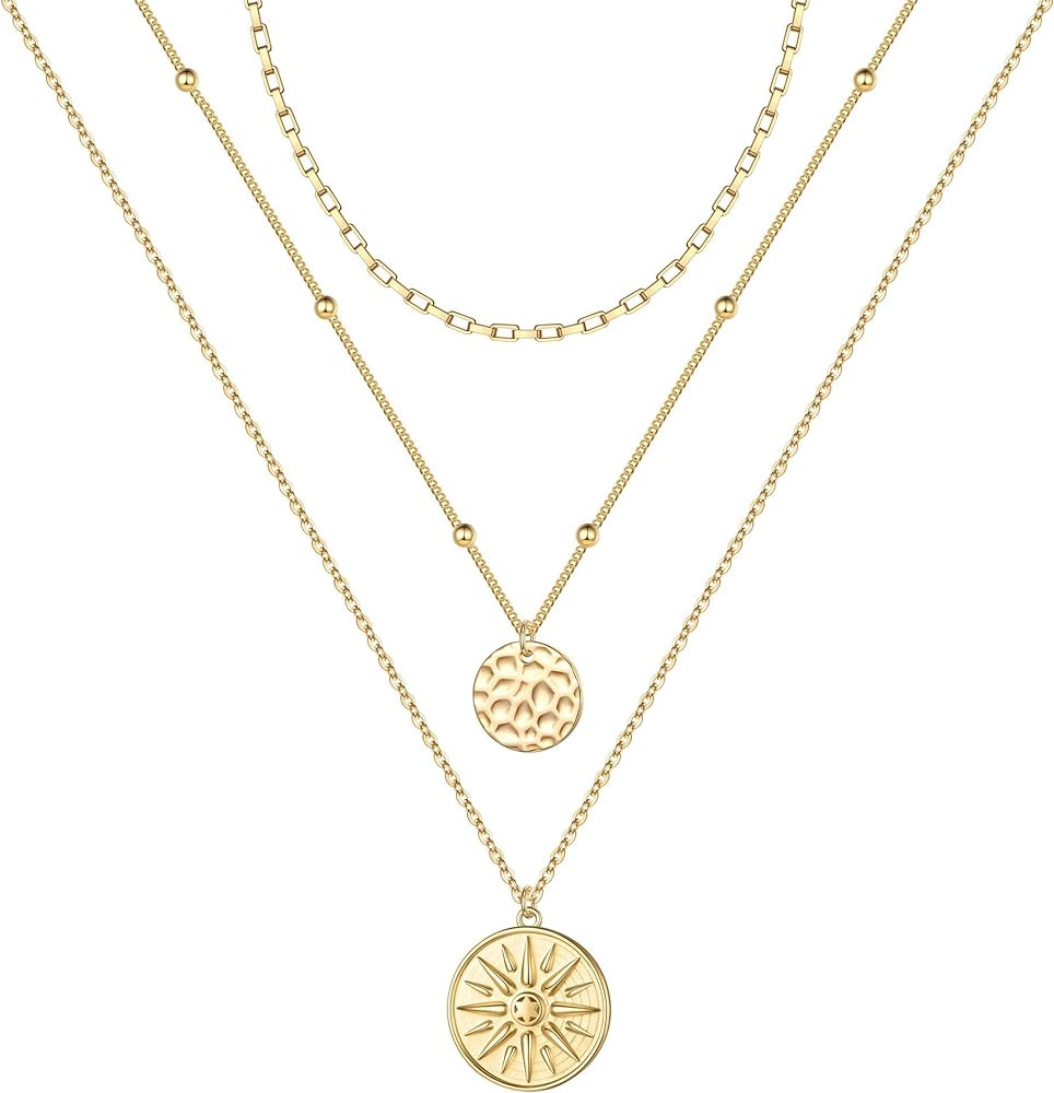 Gold Layered Necklaces for Women - 14K Gold Plated Handmade Multilayer Bar Pearls Coin Disc Moon ... | Amazon (US)