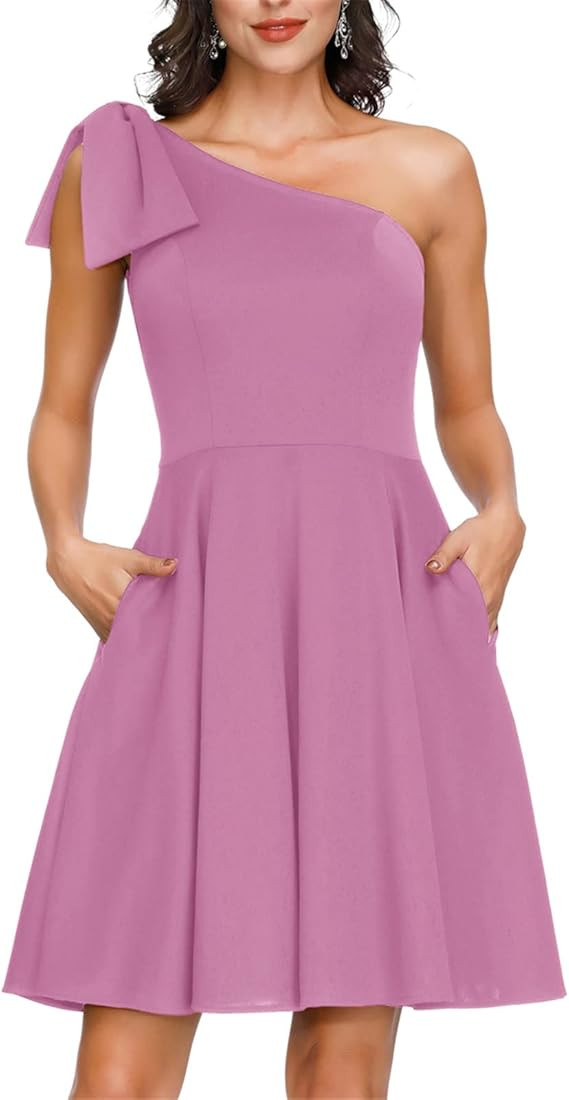 JASAMBAC Women's Bow One Shoulder Dress with Pockets A-line Cocktail Party Dress | Amazon (US)
