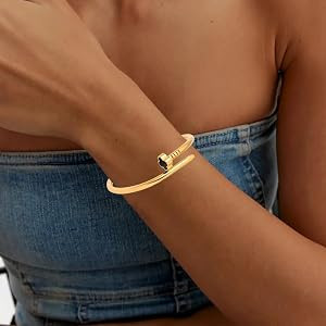 18K Gold Plated Clover & Nail Bangle Bracelet for Women,Stainless Steel Non-Tarnish Stackable Nai... | Amazon (US)