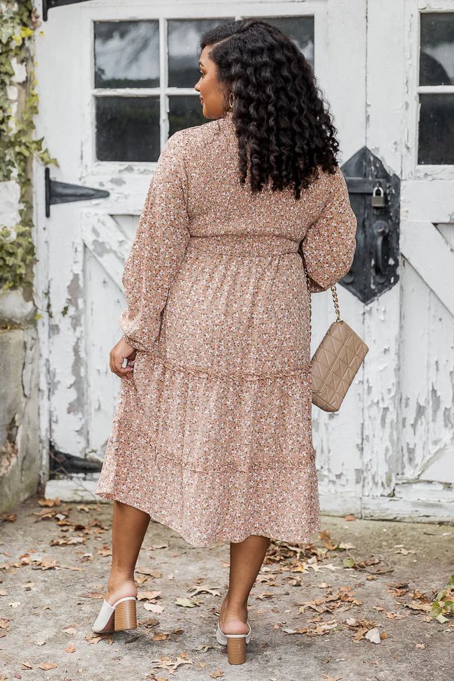 This Is Your Chance Beige Floral Smocked Mock Neck Midi Dress | Pink Lily