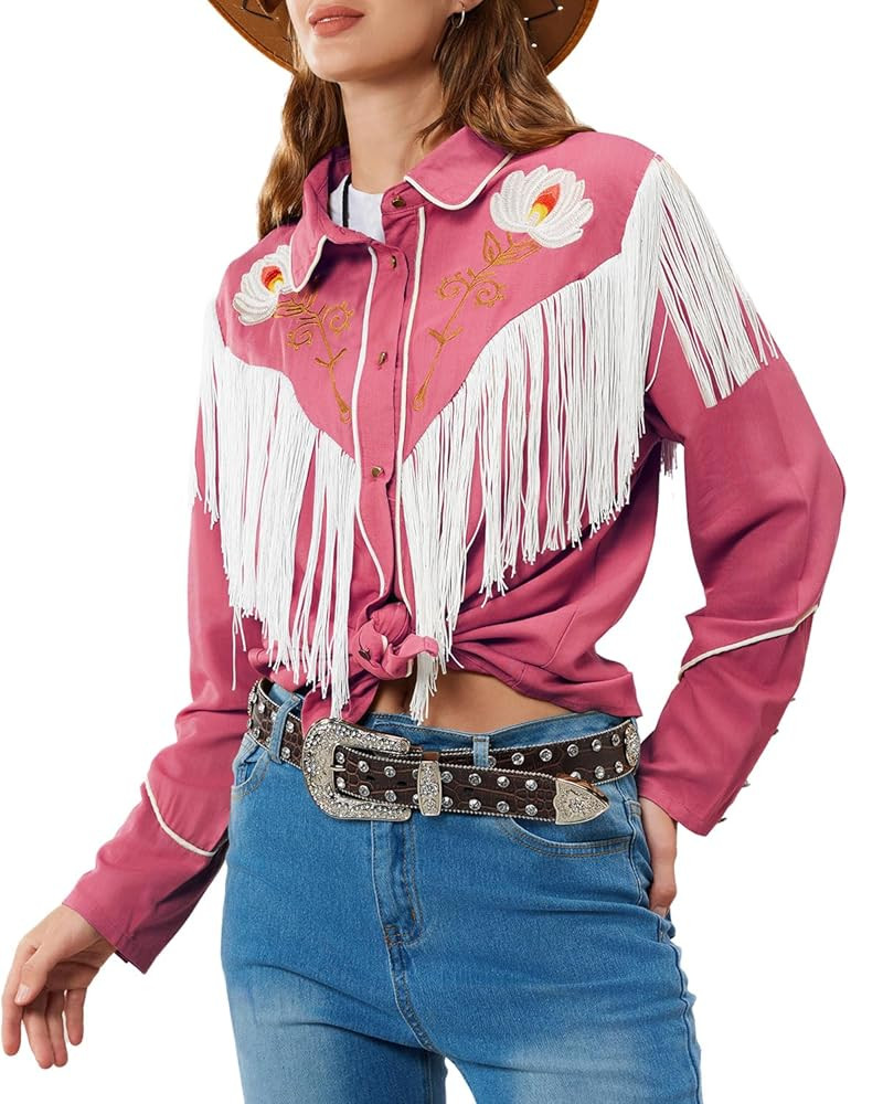 JOHN MOON Women's Floral Embroidered Fringe Western Shirts Rodeo Cowgirl Button Down Blouse Tops ... | Amazon (US)