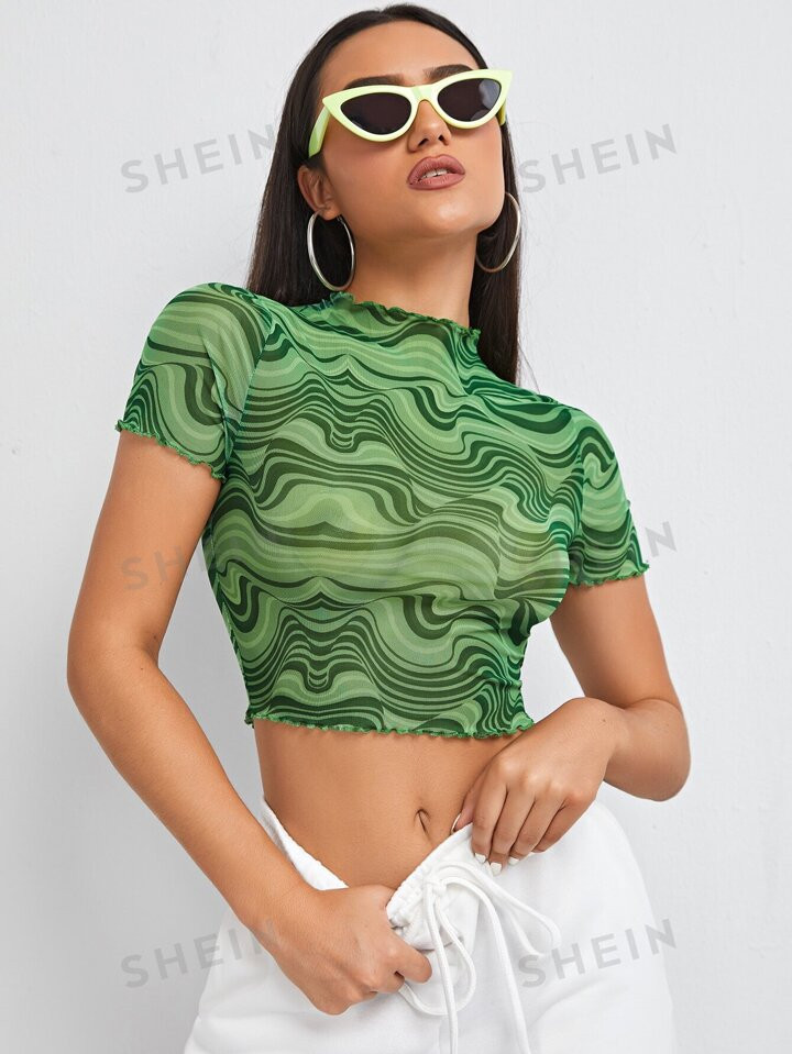 SHEIN ICON Marble Print Frill Trim Mesh Crop Top | SHEIN