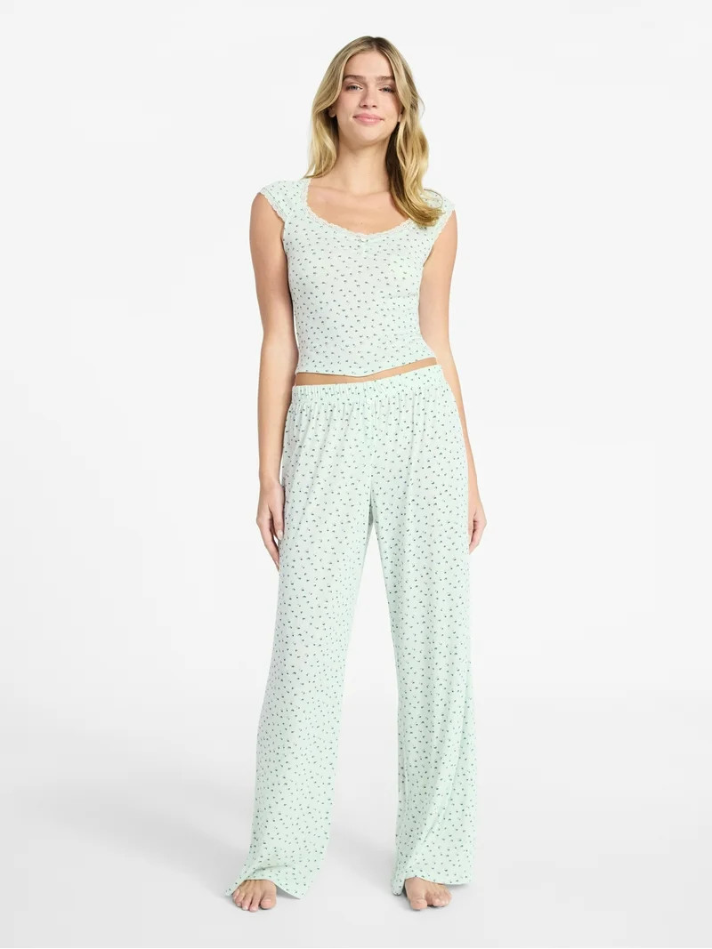 No Boundaries Sleep Pointelle Baby Tee and Pants Set, 2-Piece, Women’s XXS-3X | Walmart (US)