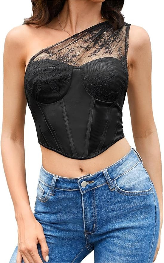 WDIRARA Women's Mesh Floral Lace One Shoulder Bustier Sleeveless Satin Slim Fit Elegant Top | Amazon (US)