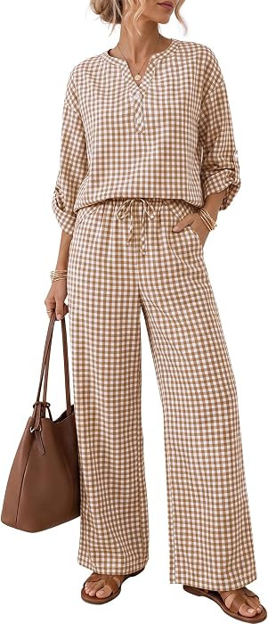 Casly Lamiit Womens 2 Piece Outfits Gingham Casual Loose Matching Fall Sets | Amazon (US)