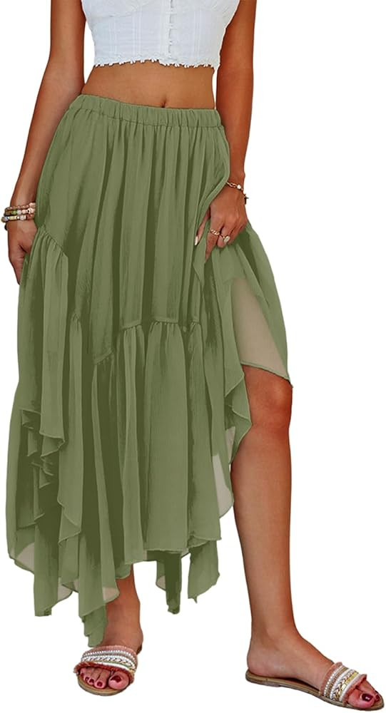 Fisoew Womens Summer Boho Maxi Skirt Casual Asymmetric High-Low Hem Flowy Bohemia Long Skirt | Amazon (US)