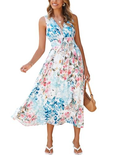 Flessibili Women's Sleeveless Floral Maxi Dress 2026 Sundresses Spring Summer Wedding Guest Pink Blue Floral Medium | Amazon (US)