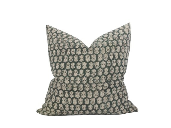 ABIGAIL  Green Block Print Floral Pillow Cover Green Floral - Etsy | Etsy (US)