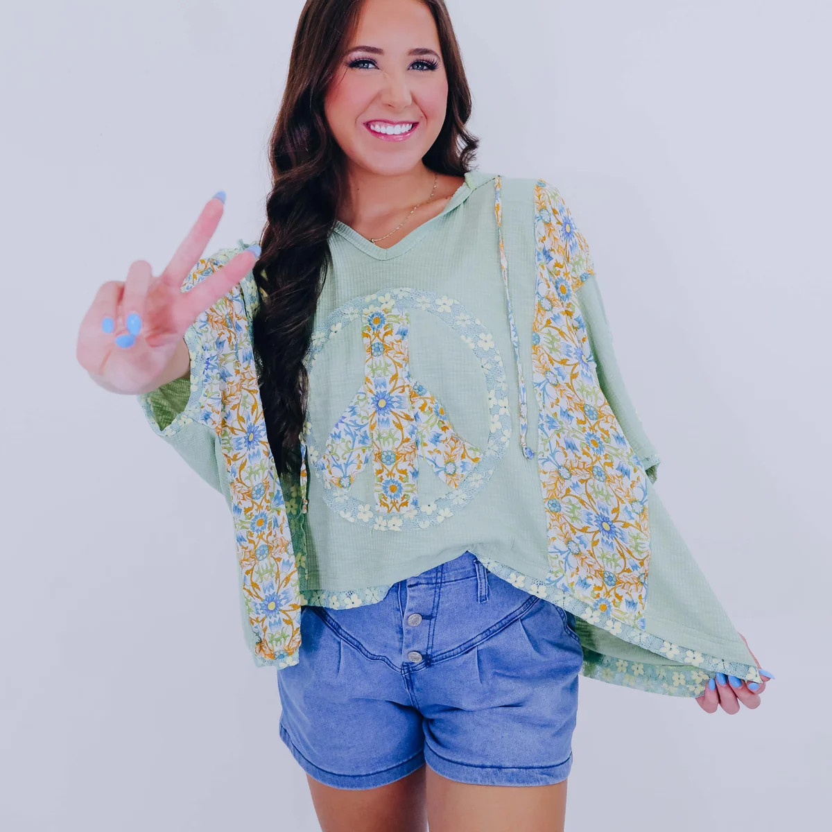 Harmony V-Neck Floral Hoodie Top By POL- Sage | Whiskey Darling Boutique