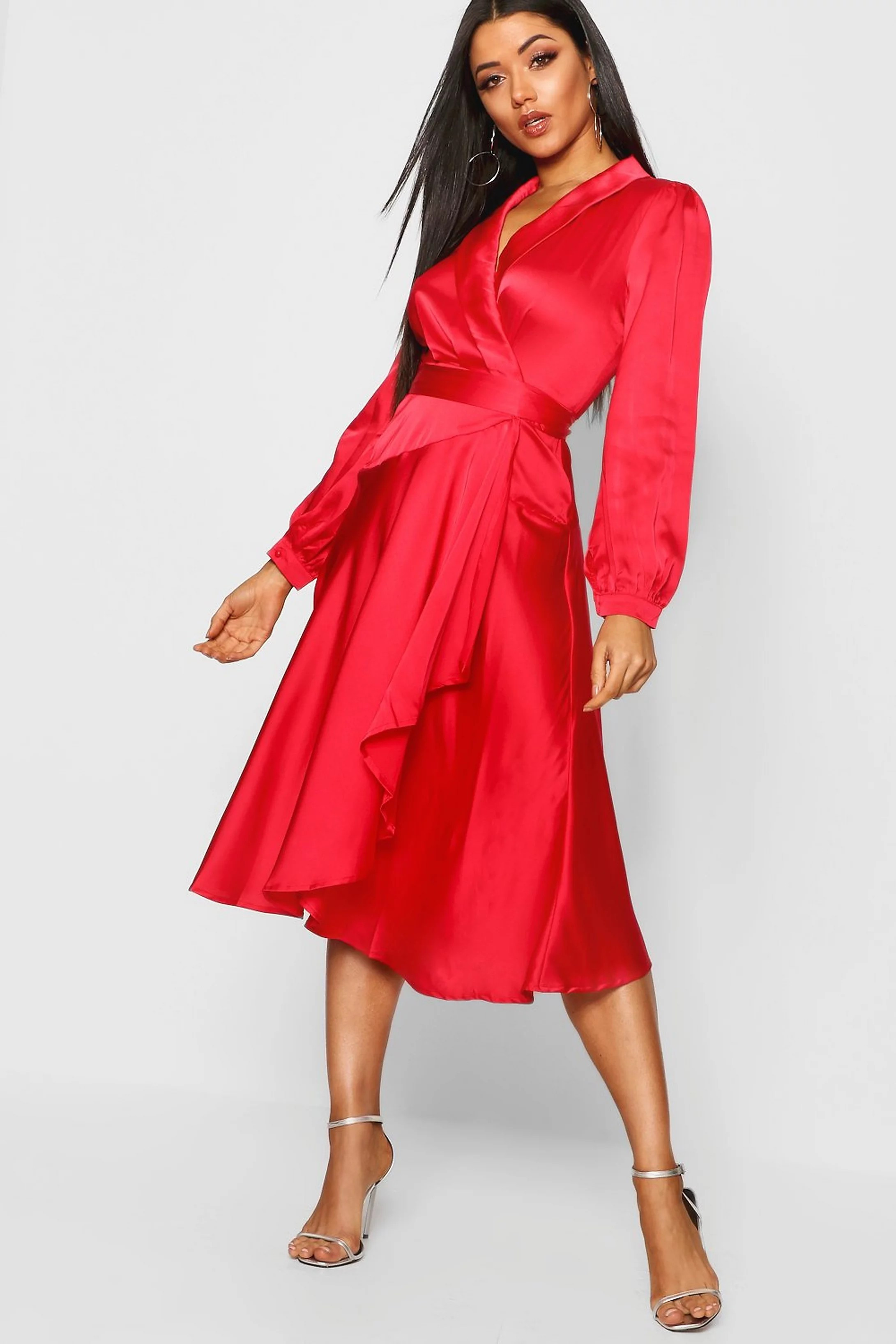 Satin Wrap Detail Midi Skater Dress | Boohoo.com (US & CA)