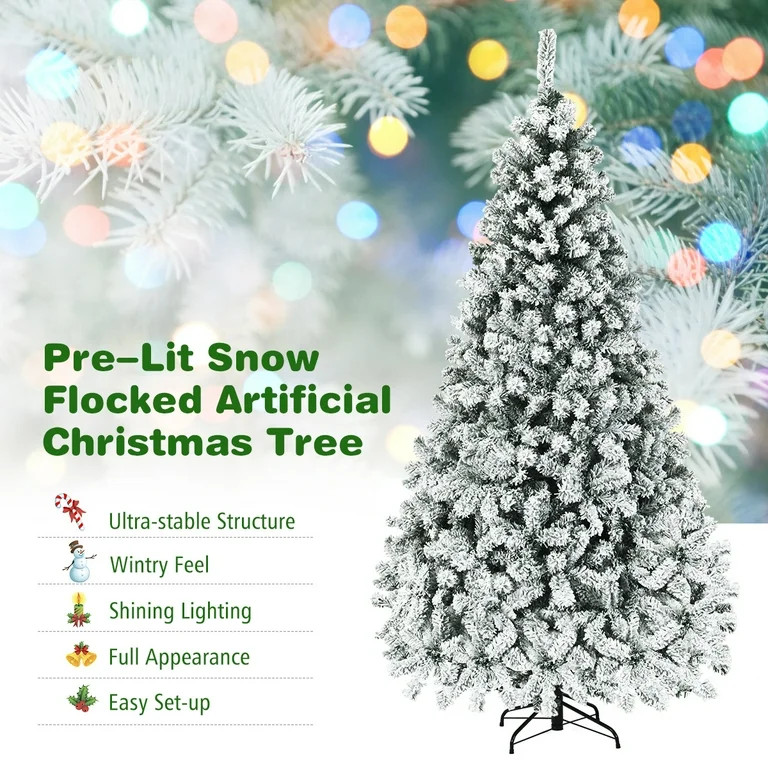 Costway 7.5 ft Prelit Premium Snow Flocked Hinged Artificial Christmas Tree with 450 Lights - Wal... | Walmart (US)