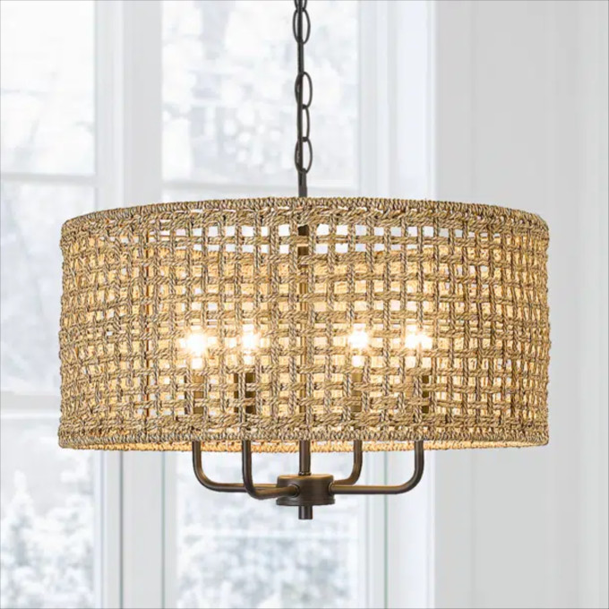 Click for more info about Ekkehard 5 - Light Dimmable Drum Chandelier Natural Rattan Bohemian Pendant