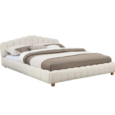 Modern Cream Queen Platform Bed With Velvet Upholstery, Low - Profile And Headboard For Bedroom Decor Upholstered Bed, Furniture A Retreat | Wayfair North America