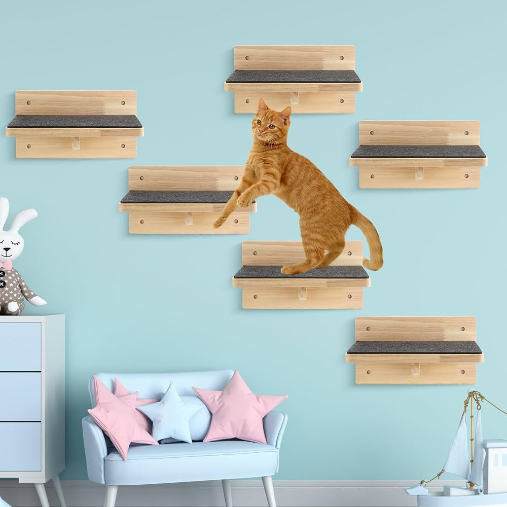 Lenwen Set of 6 Cat Wall Steps Shelf Shelves Wood Cat Climbing Shelves for Cat Mounted Furniture ... | Amazon (US)