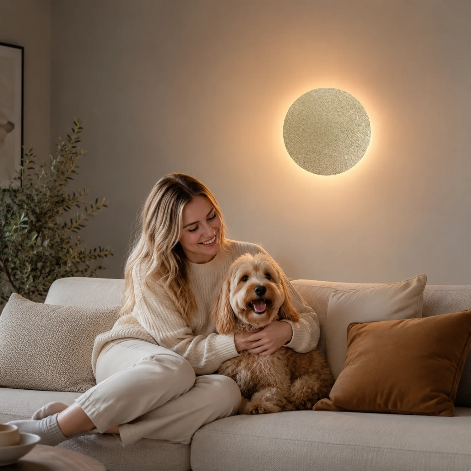 Contemporary Round LED Wall Lamp, 3-Level Dimmable USB Rechargeable Night Light with Adjustable Ambient Lighting, Black Wood Grain, Brushed Gold and L | Wayfair North America