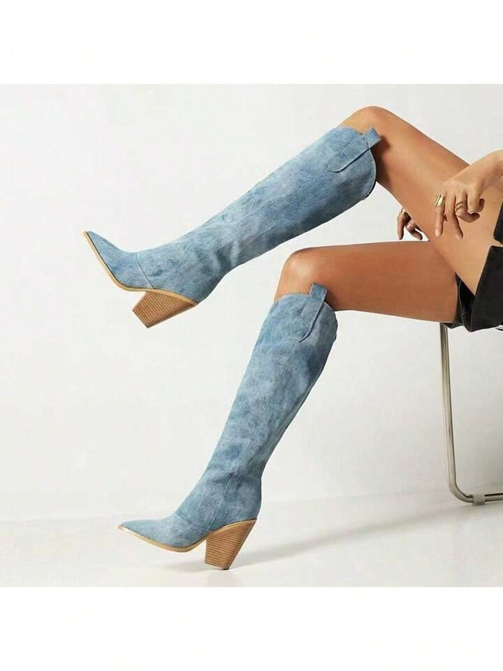 New European And American Large Size Niche Split Western Denim Pointed Super High Heel High Tube Slim Cigarette Pants Boots | SHEIN