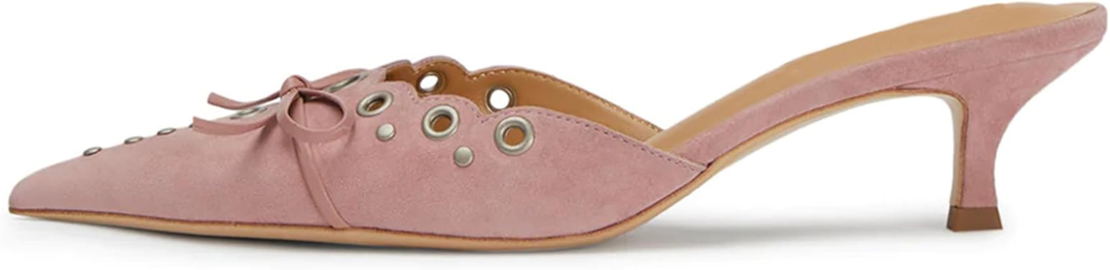 olomisa Womens Kitten Heels, Bow Studded Heeled Mules Pointed Toe Low Heel Sandals Suede Leather ... | Amazon (US)