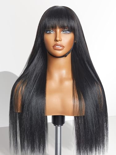 LUVME HAIR 22 Inch Yaki Straight Wig with Bangs Human Hair, Ready to Go Glueless Wigs Long Human Hair, Ultra Natural Minimalist Lace Bang Wig(Breathable Cap) | Amazon (US)