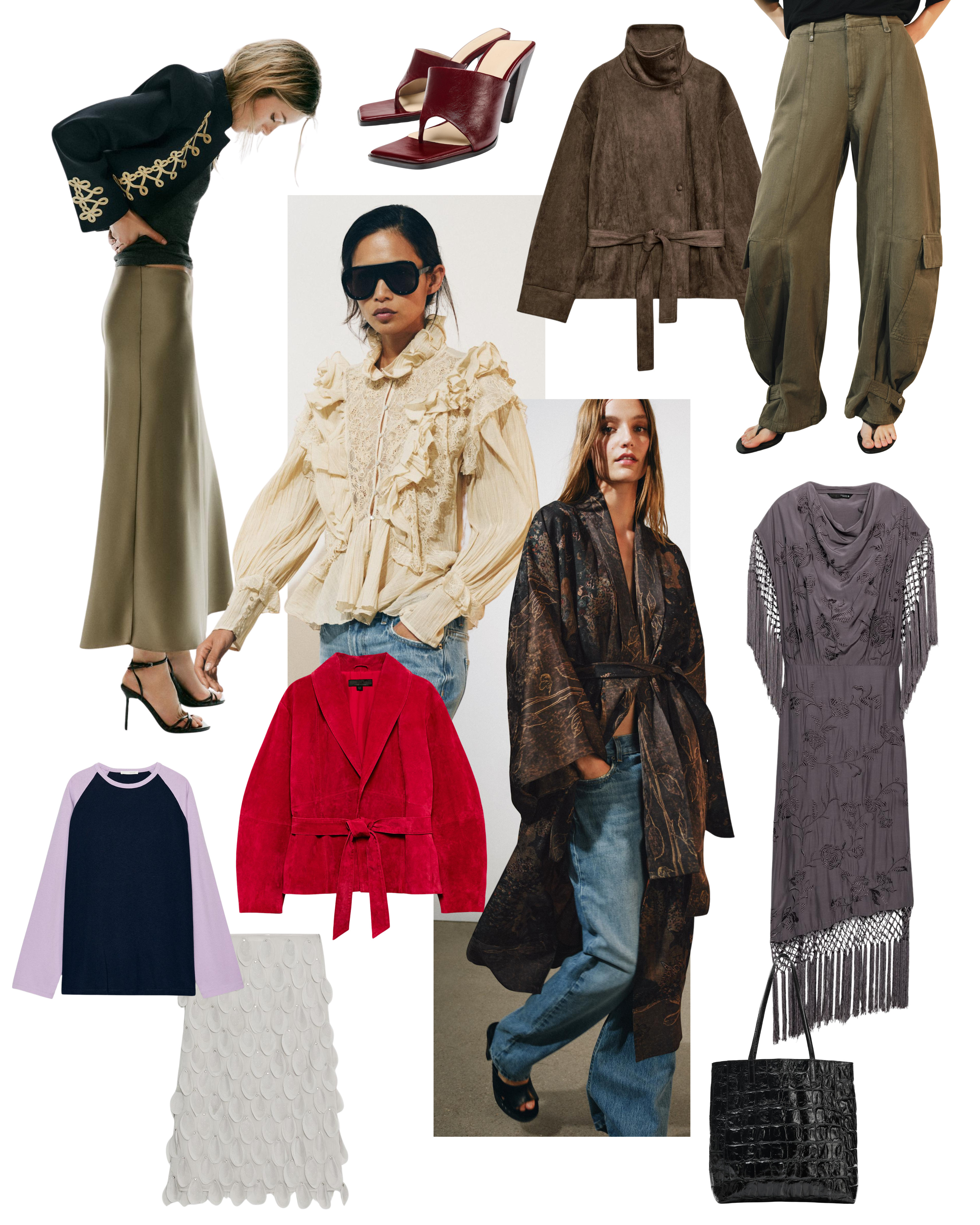 Zara new in 

kimono, ruffle blouse, suede jacket, wrap jacket, raglan t shirt, midi skirt, fringe dress, satin skirt, cargo trousers, utility trousers, barrel leg jeans, autumn outfits, chic autumn outfits 

 #LTKuk #LTKsummer #LTKautumn