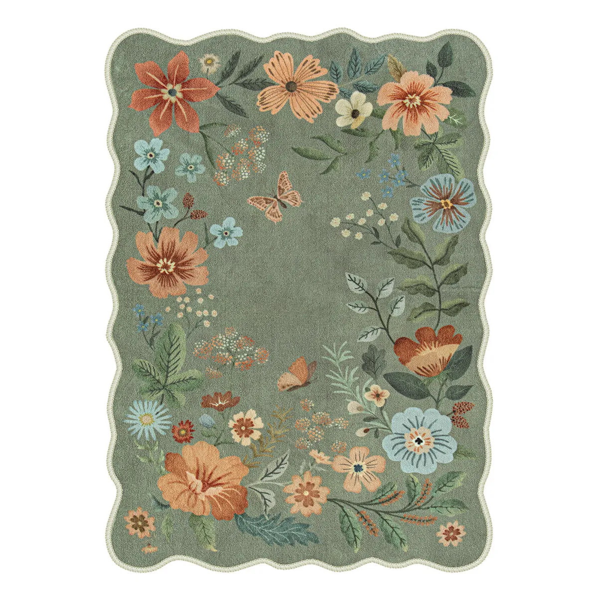 Flore Washable Boho Modern Parisian Floral Scalloped Green Rug | Lahome