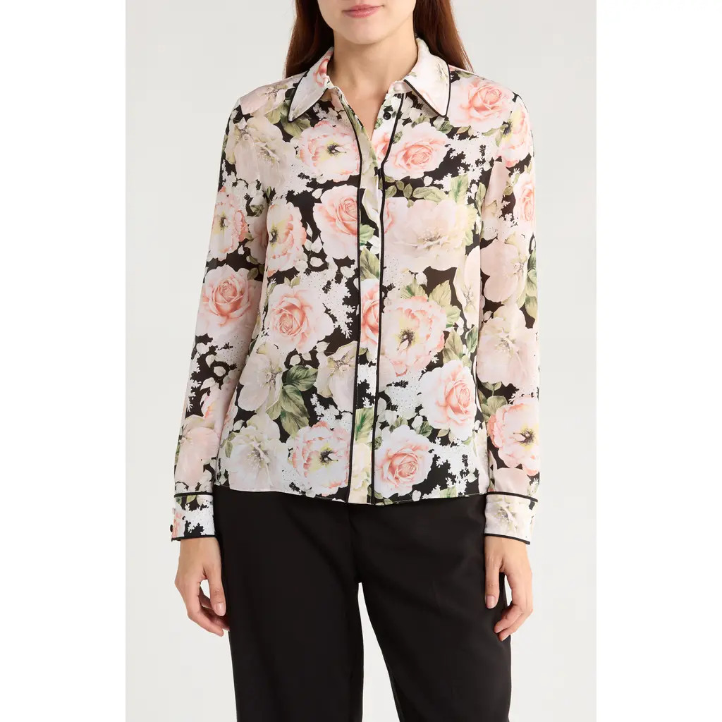 Alice + Olivia Willa Silk Button-Up Shirt in Morningside Floral Black at Nordstrom Rack, Size Large | Nordstrom Rack